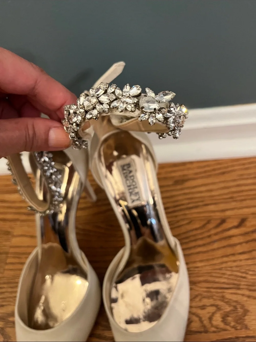Badgley Mischka Champagne Satin Pointed-Toe Crystal Ankle-Strap Heels